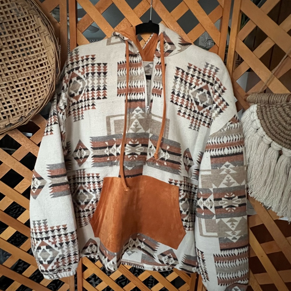 Southwestern Aztec Pullover Hoodie - Taupe & Brown